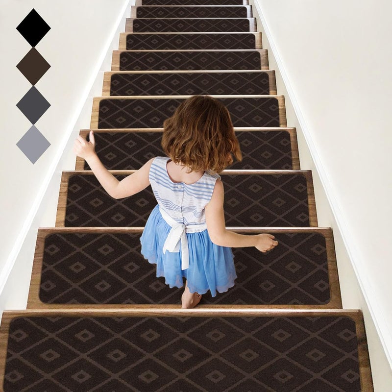 RIOLAND Non-Slip Carpet Stair Treads for Wooden Steps, 15 Pack Indoor Stair Runner with Reusable Adhesive Modern Anti Moving Safety Stair Rugs for Kids Dogs & Elders, 8" X 30", Rhombus Brown - Image 1